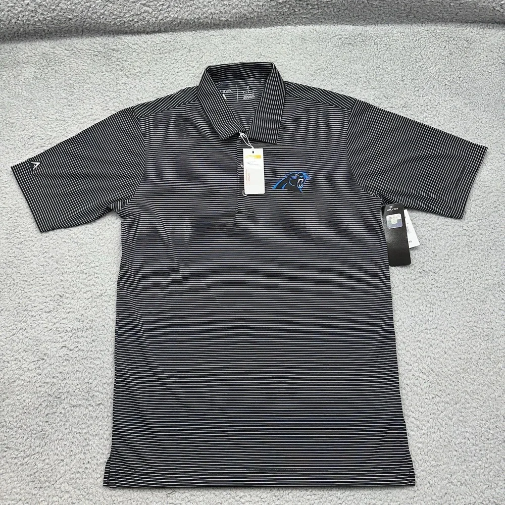 NWT Antigua 100425 Men's Small Carolina Panthers Black Quest Stripe Polo Shirt